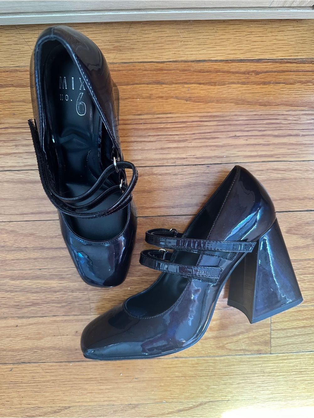Mix No. 6 Black Patent Double-Strap Chunky Heels Size 8